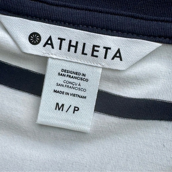 Athleta Size M Striped V Neck Tee White Navy Short Sleeve Top - Picture 5 of 9